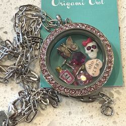 NEW Origami Owl Living Locket Chain Necklace Rhinestone Pink Skull Halloween New In Box  Includes all charms inside  Locket openes  Only 1 available