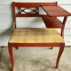 Antique wooden chair w desk table plaid cushion 