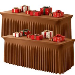 FrohFest 2 Pack Brown Spandex Fitted Tablecloth 4 Foot - Stretch Table Clothes For 4 FT Rectangle Table, Washable Ruffles Elastic For Weddings, Buffet