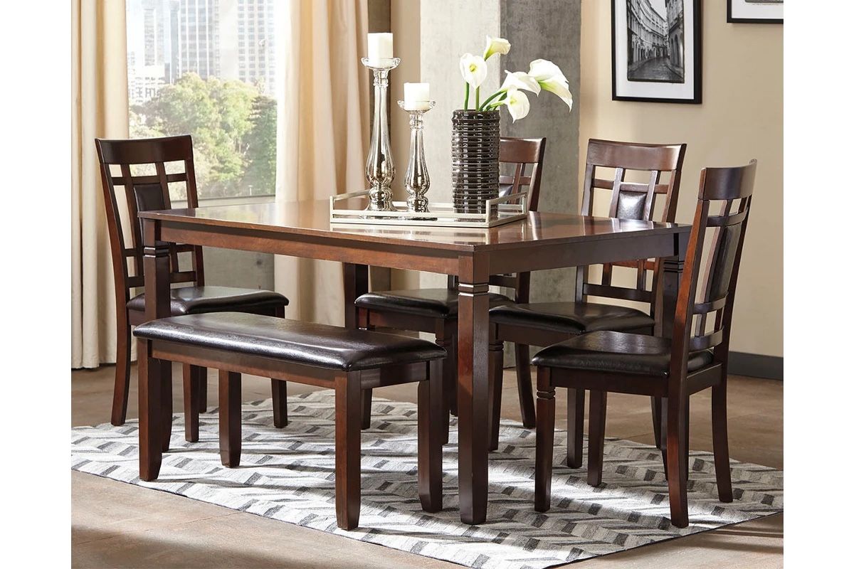 Bennox Brown Dining Table and Chairs with Bench (Set of 6)