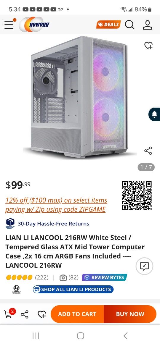 LIAN LI LANCOOL 216RW White Steel / Tempered Glass ATX Mid Tower Computer Case ,2x 16 cm ARGB Fans Included ----LANCOOL 216RW

