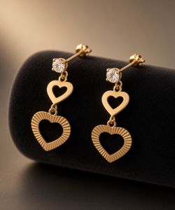 10k Gold Double Heart Drop Earrings with Genuine Diamond accents