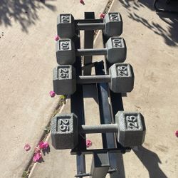 dumbbells, rack, with  2-20s and 2-25s Nice starter up