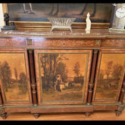 Antique European Hand-Painted Credenza with Marble Top – 19th Century