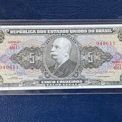 1962-64 BRAZIL CINCO CRUZEIROS BANKNOTE - NICE WORLD CURRENCY