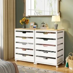 Set of 2 Tribesigns Wood 5-Drawer Dresser, Storage Cabinet Chest of Drawers for Bedroom, Living Room, White