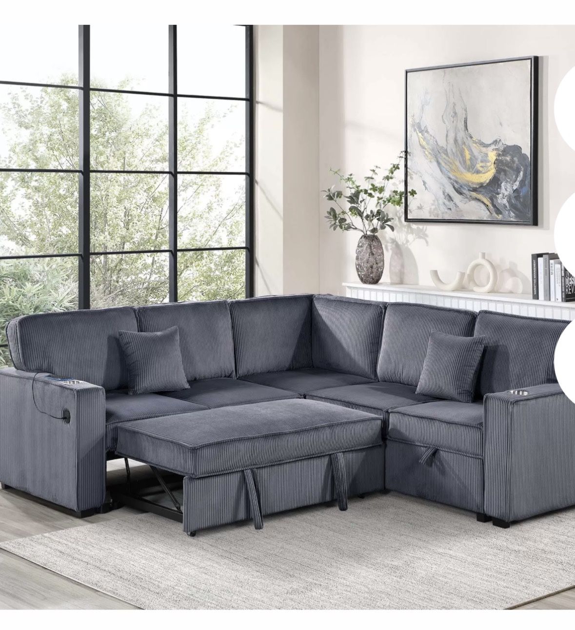 $528 Sectional Pull Out Bed With Storage USB Cup Holder Available,I Ivory,Dark Gray,Corduroy