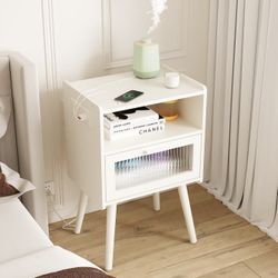 1 Modern Nightstand with Charging Station Bedside with Glass Drawer End Side Table Storage White