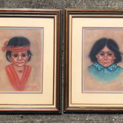 Vintage Original Native American Children Signed Art 1987 Non Glare Framed-Each 19x23 The Art Is Signed Barbara, Last Name McCown, Myrtle Beach and Or
