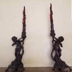 Set Of 2 Antique Cherub Candle Holders 