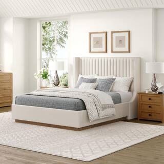 Buzio Beige Solid Wood Frame Queen Size Upholstered Platform Bed with Wood Base