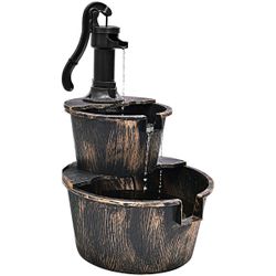 🎉 BRAND NEW 2-Tier Barrel Waterfall Fountain Barrel Water Fountain Pump Outdoòr Garden