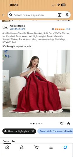 Amélie Home Chenille Waffle Throw Blanket Red 50x60