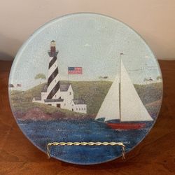 Warren Kimble Glass Round Sailing Sailboats Cutting Board 8” 