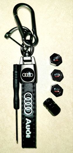 AUDI TIRE VALVE STEM COVERS & LEATHER KEYCHAIN 