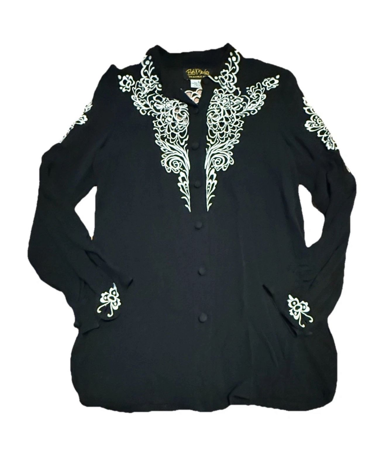 Bob Mackie Women Small Silk Black Blouse Button Up Long Sleeve White Embroidery