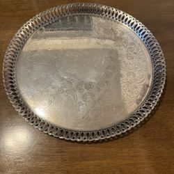 Vintage Large Silver Plated Engraved Round Tray