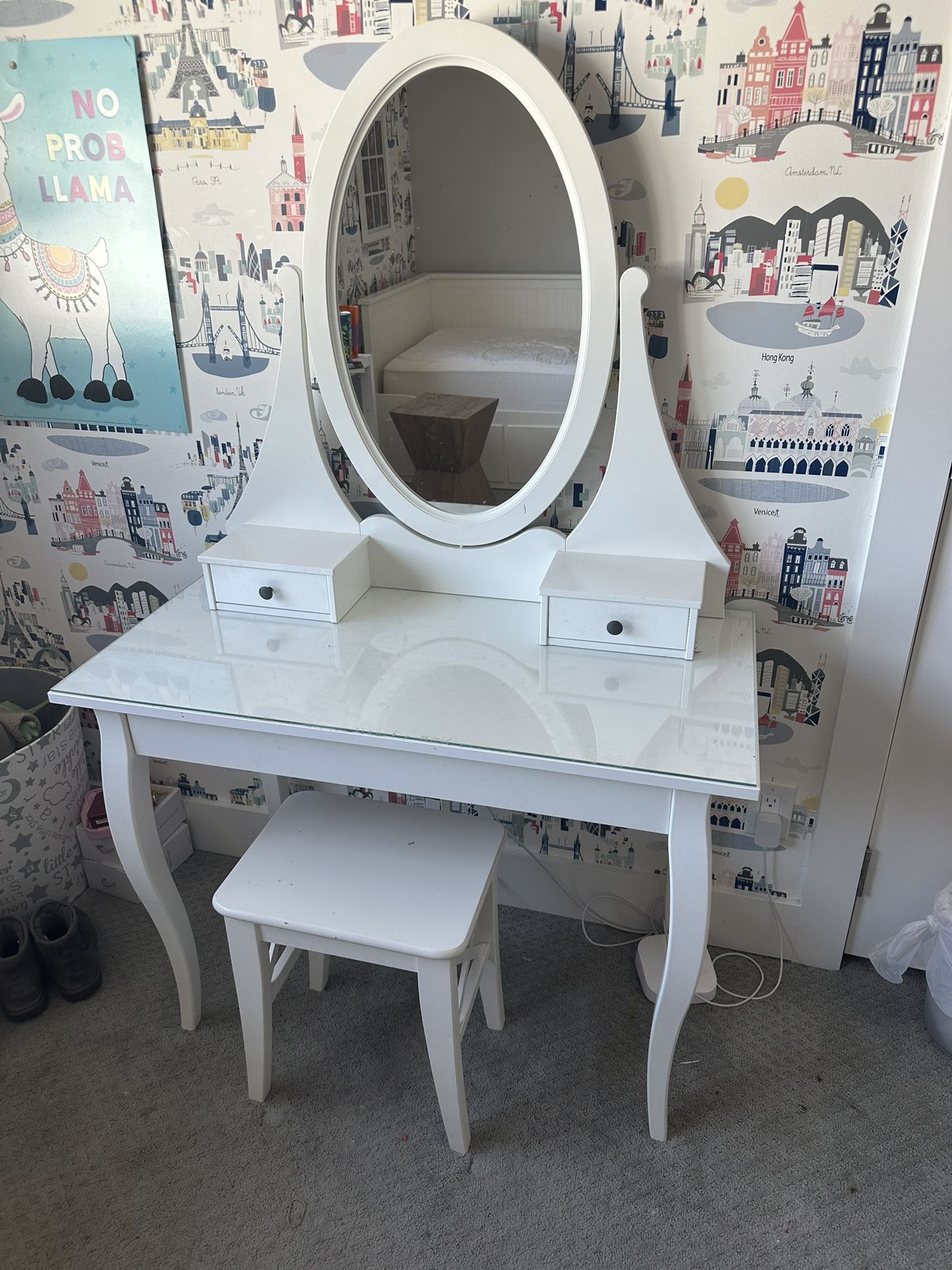White Vanity with Mirror and Bench