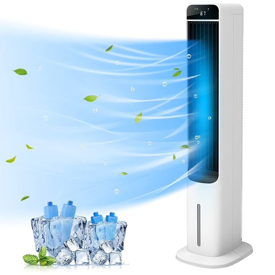 2-In-1 Evaporative Air Cooler - 41” Quiet Cooling Tower Fan Humidifier Portable Swamp Cooler with Bladeless Design, 60° Oscillation, Remote Control, 3