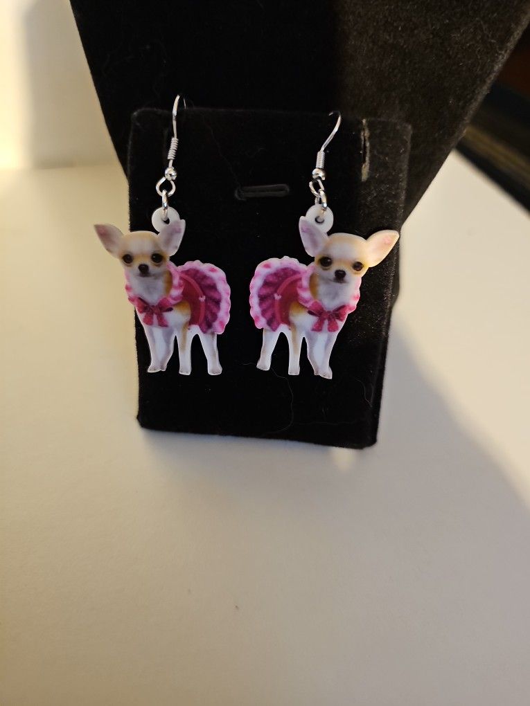 New Chihuahua In Pink Dress Earrings