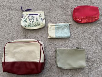 Cosmetic/Toiletry Bags, lot of 5, new/excellent condition, 8x10x3 to 7x5x1, canvas, vinyl and fabric construction.  3 Estée Lauder bags, 1 Crabtree & 