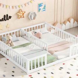 Double Twin Floor Bed With Fence, Guardrails, Without Door