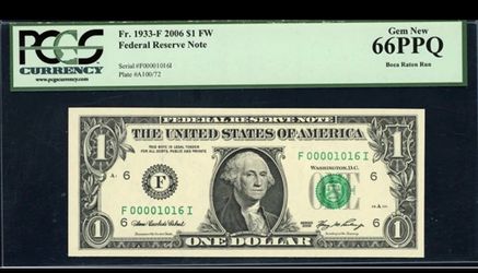 2006 Federal Reserve Note "Low Serial #" (1016) PCGS Gem New 66PPQ