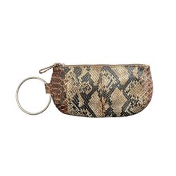 Clutch Wristlet Snake Print Ring Handle Brown Black Tan