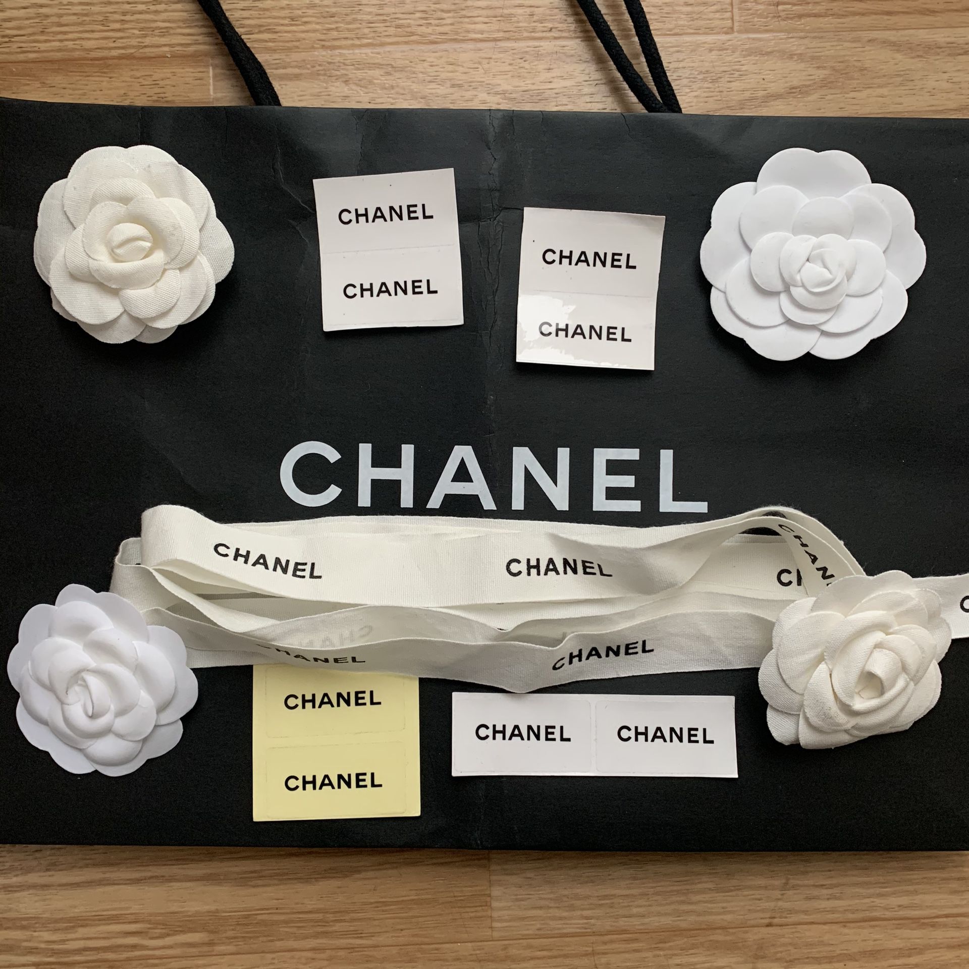 CHANEL Gift Package Bundle - Camellia Flowers, stickers, ribbon