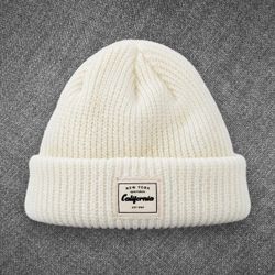New York California Cream Ribbed Knit Cuff Beanie Hat