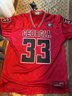 Red Georgia Bulldogs jersey with black number 33 and white trim #collegefootball #bulldogs