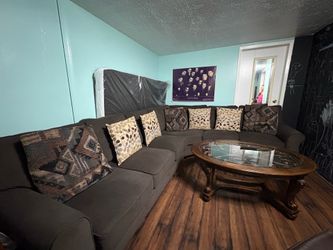 Brown Sleeper Sectional Sofa + Coffee Table Set