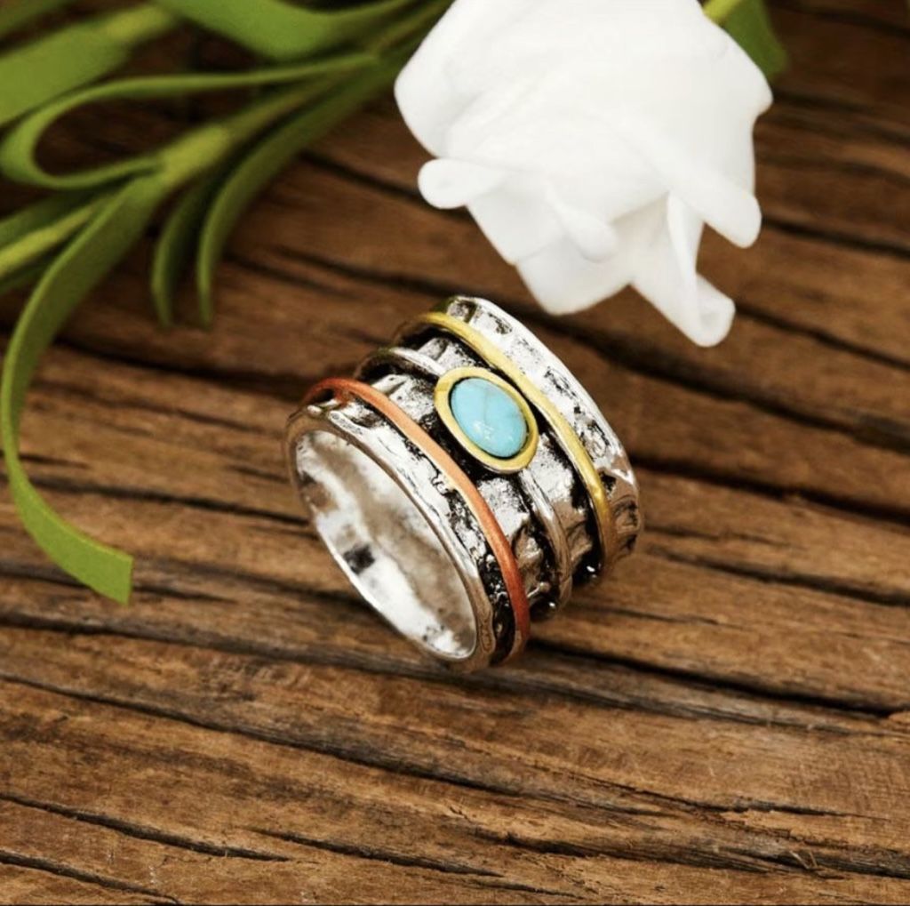New! Boho Style Turquoise Inlaid Bohemian Band Fashion Ring Size 7