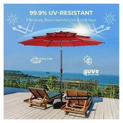 9FT 3-Tiers Outdoor Patio Umbrella with 5-Year Fade Resistant,Vented Outdoor Umbrella with UPF50+ UV Protection & Push Button Tilt and Crank for Pool,