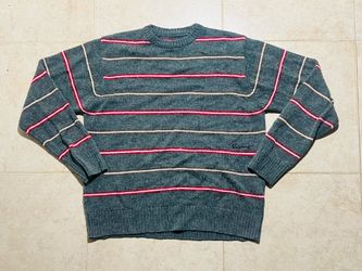 Billabong Gray Crewneck Sweater with Red and Cream Stripes