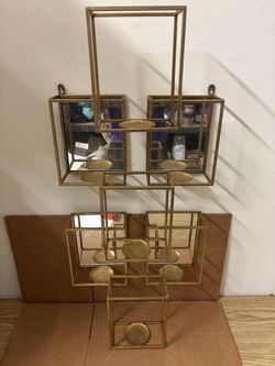 Hanging Gold Metal Mirrored Cube Wall Candle Holder Display Shelf