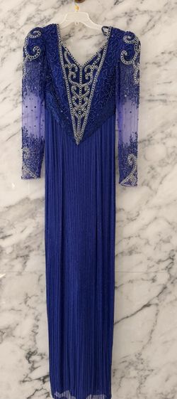 Vintage Nina Canacci Size 10 Royal Blue Beaded Sequin Long Sleeve Evening Gown