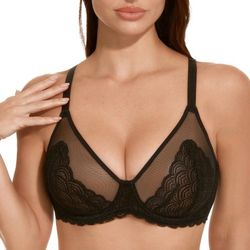 36C Black lace Minimizer Bras for Women Large Bust Full Coverage Lace Plus Size Bra Comfortable Stylish Womenswear Elegance Vneck BasicFit Underwire H