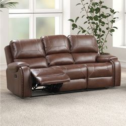 Brown Leatherette Nailhead Couch Sofa w/ USB & Power Outlet
