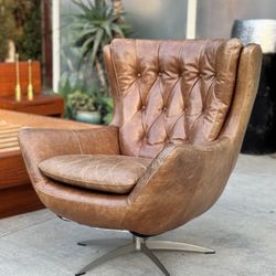 Pottery Barn Mid Century Modern Wells Tufted Tan Leather Lounge Chair