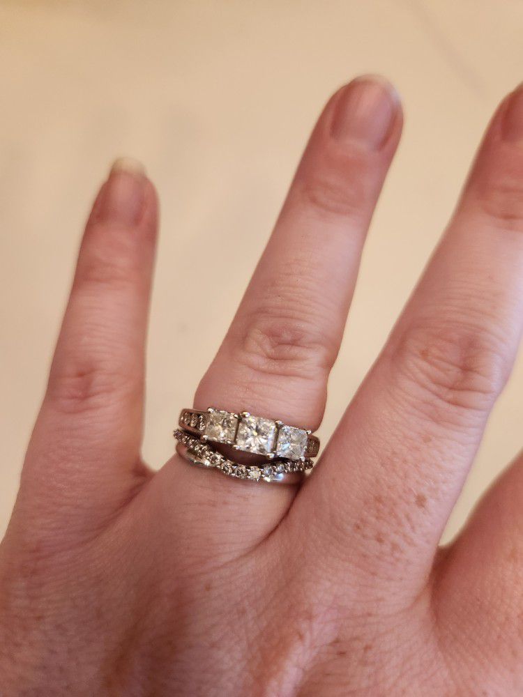 Natural Princess Cut Diamond Wedding Ring Set, 14k White Gold