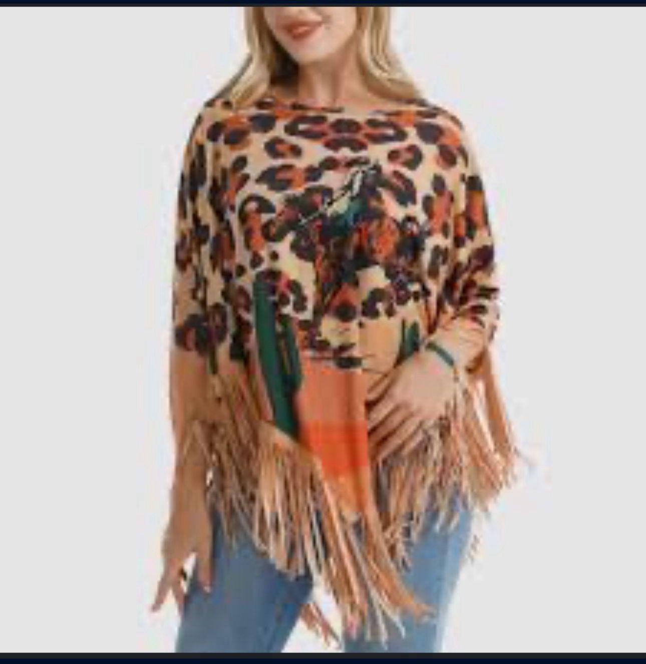 B ling Aztec Rodeo Leopard Front & Back Print F ringe Poncho