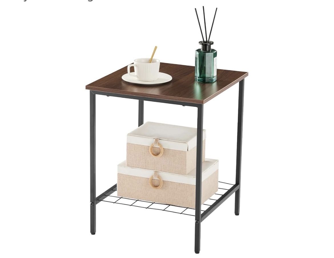 End Table with Shelves 16 Inch Square 2-Tier Coffee Tea Wooden Beside Nightstand