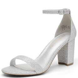 DREAM PAIRS Womens Chunk Low Heel Pump Sandals | Size 7.5W, Silver-Glitter, CHUNK