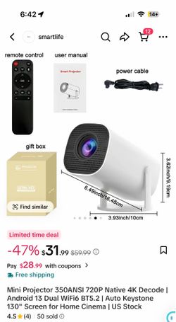 Smart Mini 4K-Decode Portable Projector with Android 13 & WiFi 6 (White)