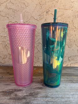 BUNDLE - Starbucks Venti Cold Cup Tumblers 24oz - Lot of 2 (Pink Studded Grid & Iridescent Siren)