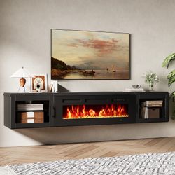 70" Floating TV Stand with 36" Electric Fireplace, Wall Mounted Fireplace Entertainment Center with Storage for TVs Up to 80", Black TV Console for Li
