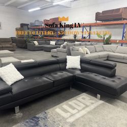 Free Delivery* Like New Black Faux Leather Sectional Sofa With Adjustable Headrests!
