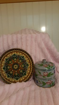 BEAUTIFUL Brass Vintage Cloisonne Wall- Decor Plate 7.5 " & 3 Piece Antique Chinese Trinket Box 4" Tall