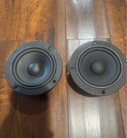 For Sale: Pair of Medium-Range Tweeters – 4” Diameter – 4.5” Mounting Hole Spacing Pair of black 4-inch diameter speaker drivers. Listed as medium-ran